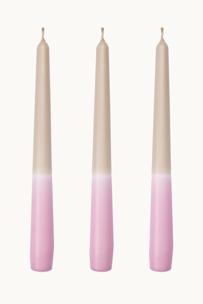 Rose pink taper candles. Dip dyed colourful candles made in the UK. Clean burning vegan wax.