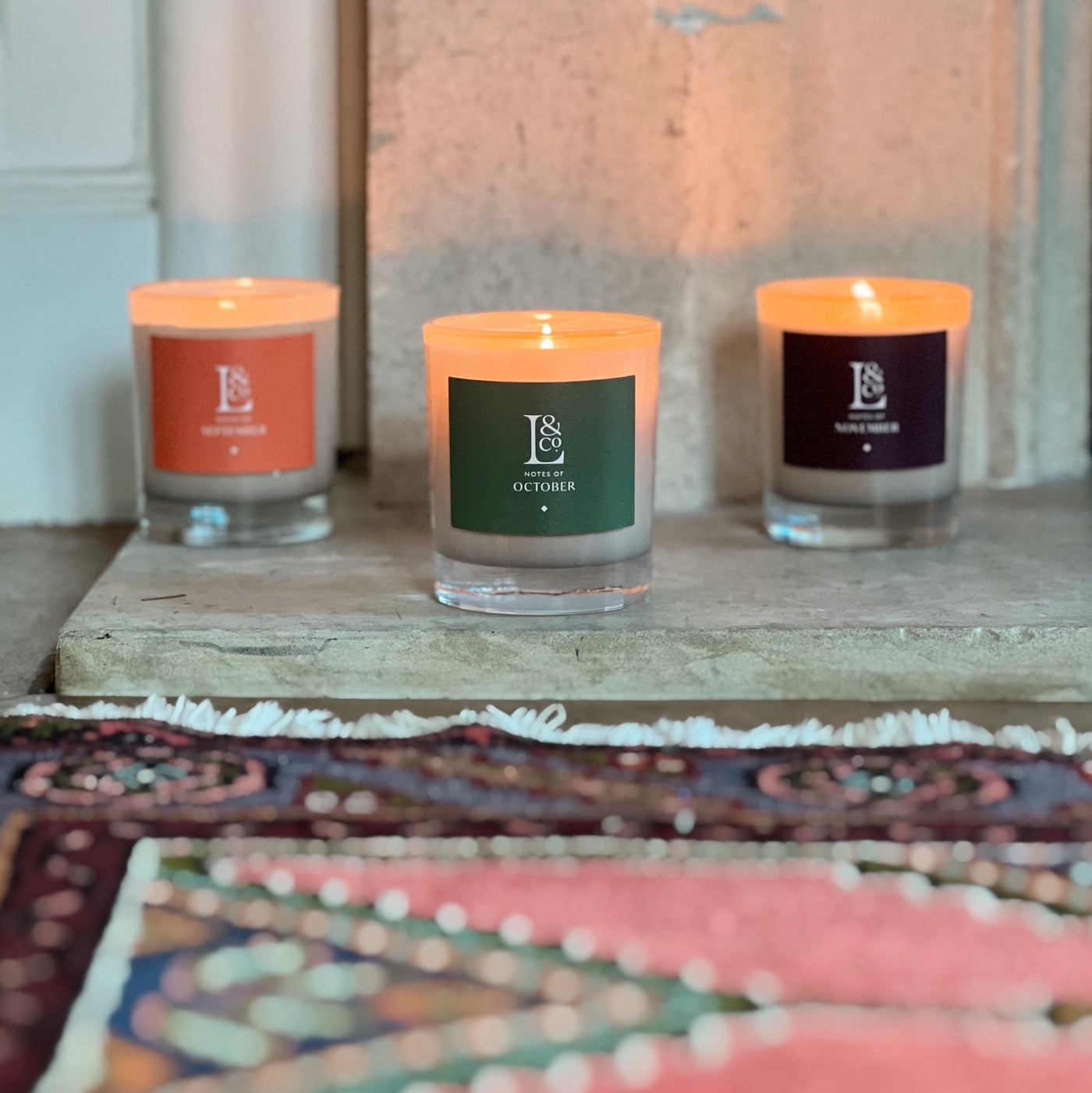 A trio of autumn scented botanical candles, made in England. 