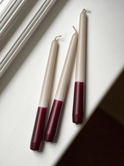 Burgundy red dip dye tapered candle trio. Made in England by Loriest & Co. Perfect for every room and any style.