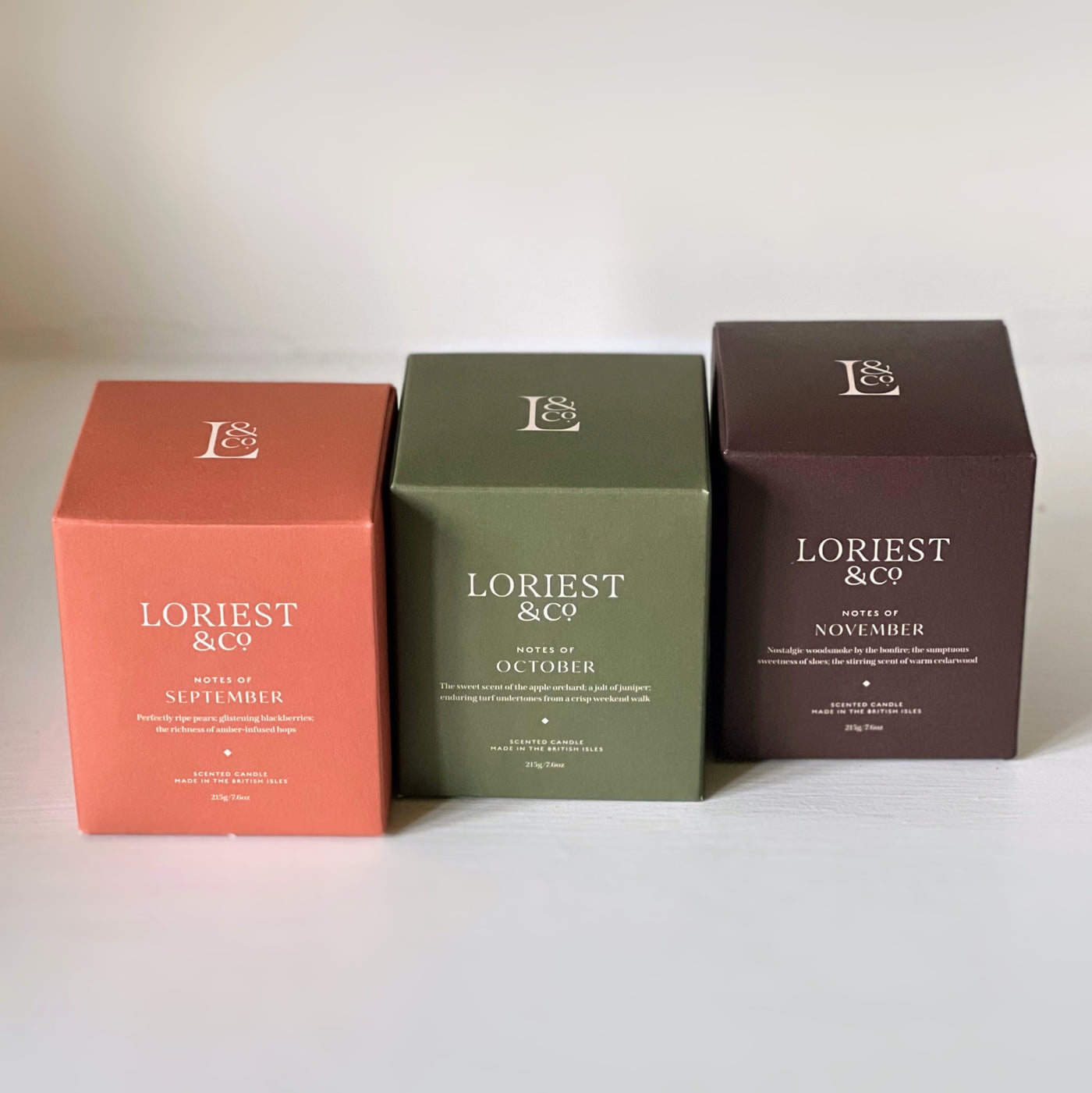 A trio of autumn scented botanical candles, made in England. Sale now on.