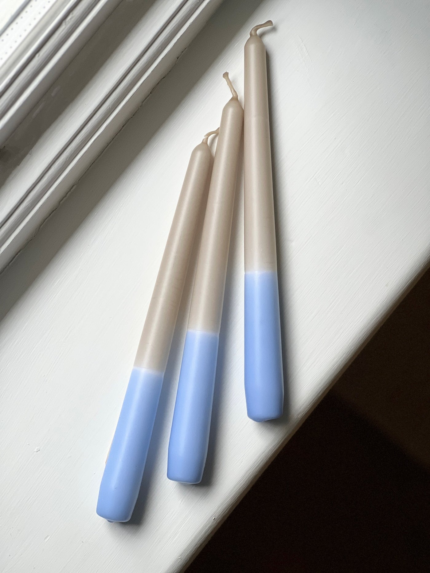 Light blue dip dye tapered candle trio. Made in England by Loriest & Co. Perfect for every room and any style.