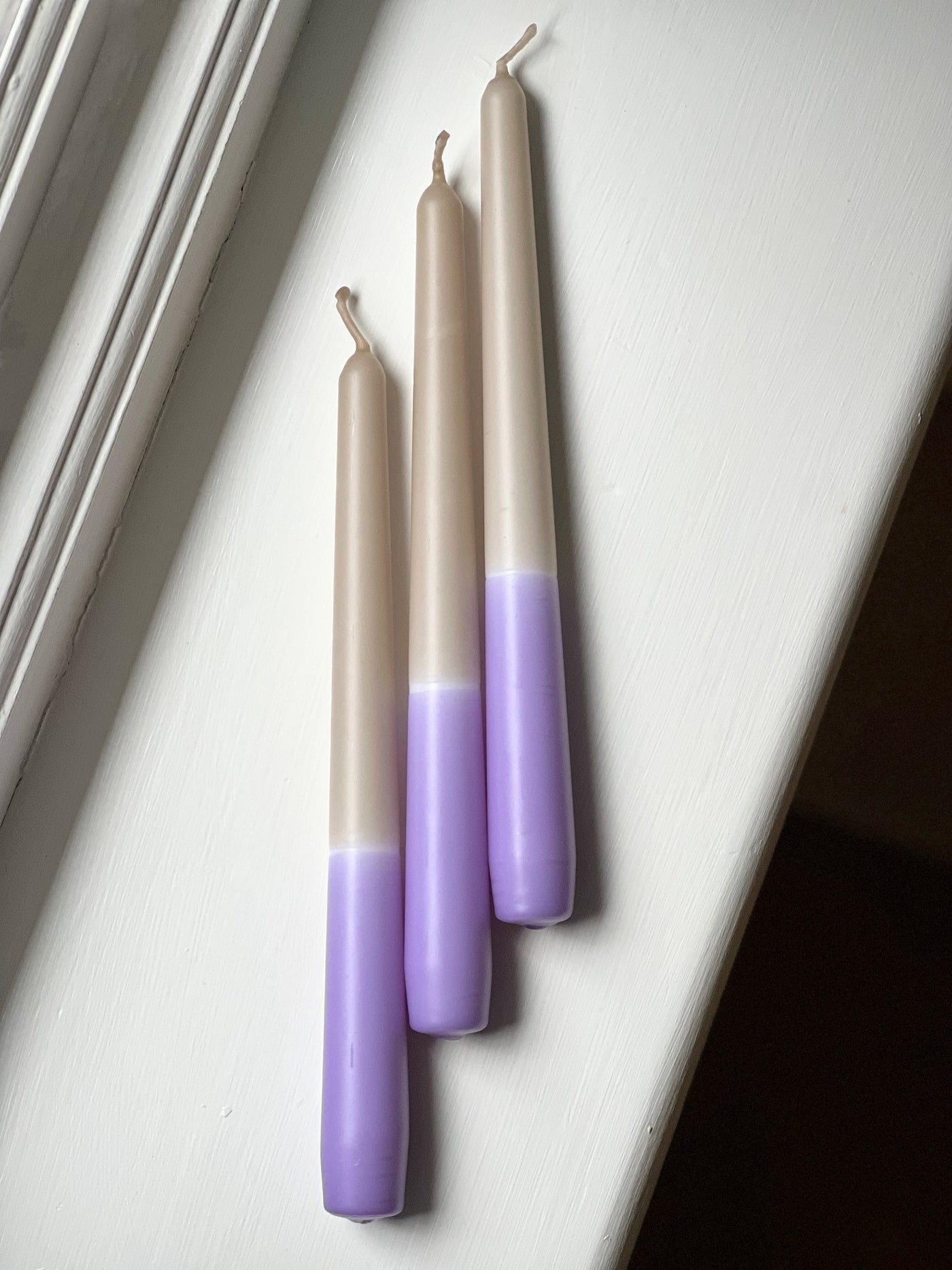 Lilac purple dip dye tapered candle trio. Made in England by Loriest & Co. Perfect for every room and any style.
