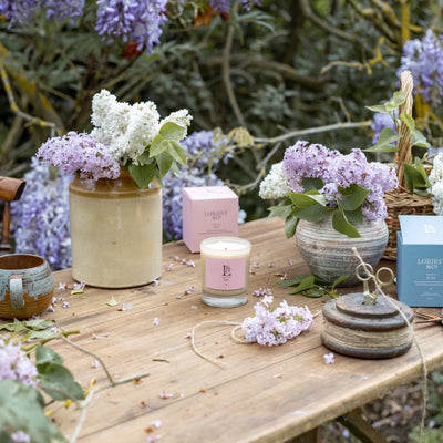 Lilac and Rhubarb scented candle. Notes of May is a beautiful uplifting joyful scent that delightfully fragrances the air. Sustainable plant-based wax, made in England. 