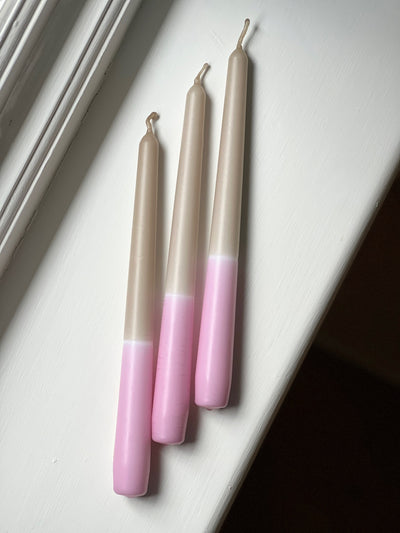Rose pink dip dye tapered candle trio. Made in England by Loriest & Co. Perfect for every room and any style.