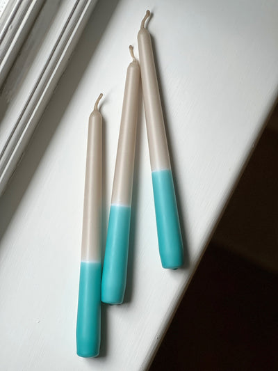 Teal blue dip dye tapered candle trio. Made in England by Loriest & Co. Perfect for every room and any style.
