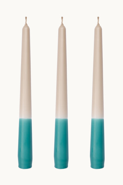 Teal blue dip dye tapered dinner candles. Rich aqua green dip dyed candles, made in England.