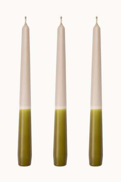 Forest green dinner candles, in a beautiful moss green. Dip dyed by hand in the English countryside.