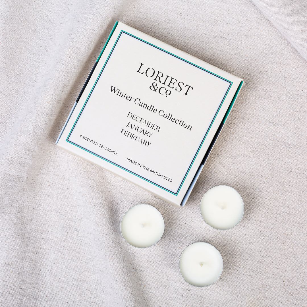Botanical scented tealights for your home. Evergreen fragrance, rosemary, thyme, and snowdrops. Made in England.