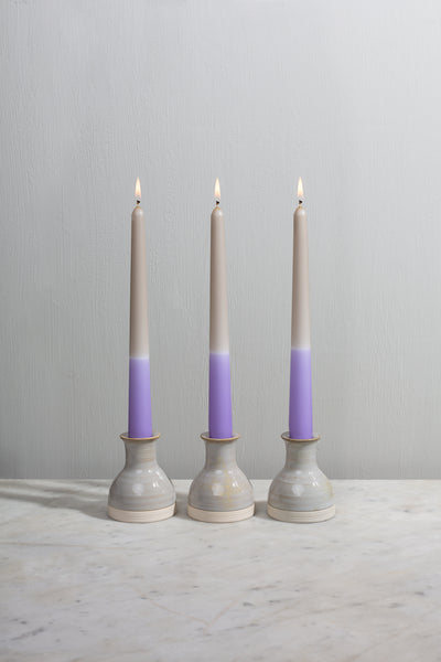 Lilac purple taper dinner candles made in England. Dip dyed by hand. Vegan wax.