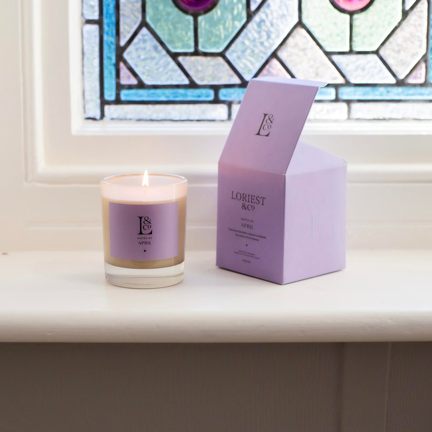 Loriest Notes of April scented candle fragrances your home with the scent of bluebells and blossom. Hand-poured in England. Sustainable plant-based vegan wax and lead free cotton wick. Up to 60 hours glow time.
