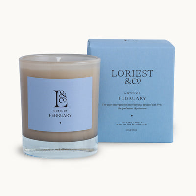 Loriest luxury candle Notes of February is a delightful light floral scent of primrose, fern and snowdrops. 215g of sustainable clean burning plant-based wax with around 60 hours of burn time. Made in Britain.
