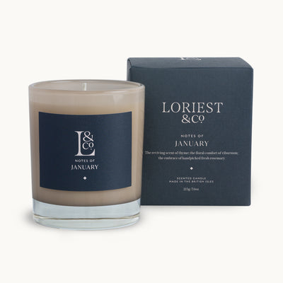 Loriest artisanal hand-poured candle. Notes of January is reminiscent of a fragrant kitchen herb garden with notes of rosemary and thyme. Perfect for cleansing the air and a new start. Wonderful in the kitchen or hallway. Made in England. 