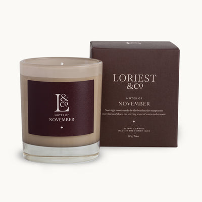 The richly elegant Loriest candle Notes of November luxuriously  harnesses the delightful scent of woodsmoke and cedarwood to create a wonderful aroma for your home. Around 60 hours burn time, with sustainable plant-based wax and a cotton wick. Each candle is hand-poured in England.