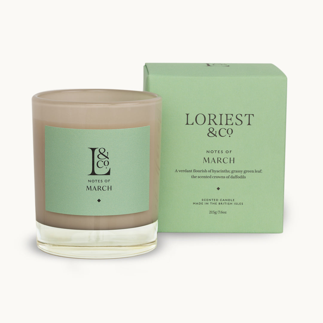 Notes of March luxury scented candle from the Loriest spring collection. Sustainable natural plant-based vegan wax. 60 hours burn time. Hand-poured in England.