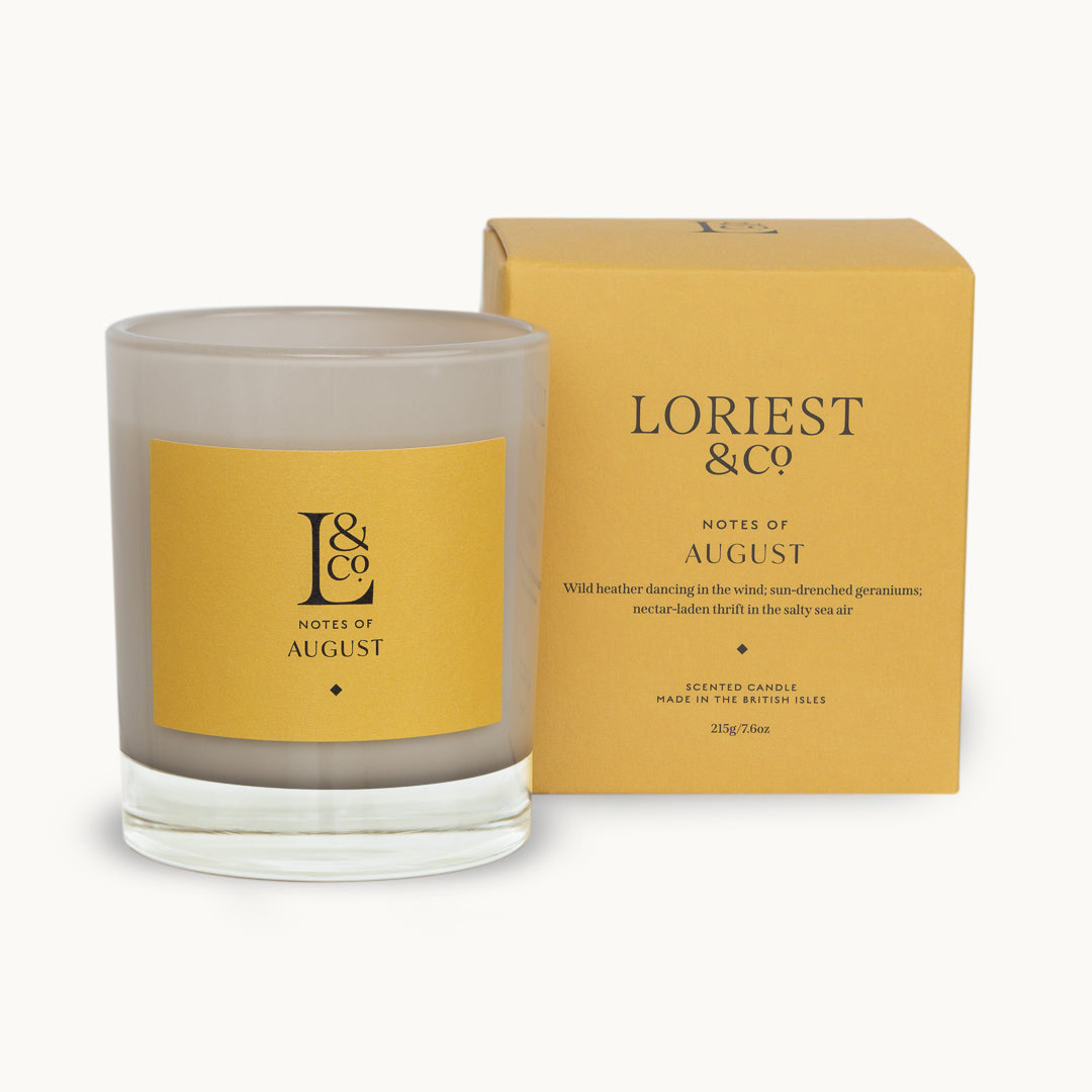 Loriest candles are inspired by each month of the year. Notes of August captures the scent of heather, geranium and sea thrift on a coastal walk. Hand-poured in England. Sustainable plant-based vegan wax. 60 hours burn time.