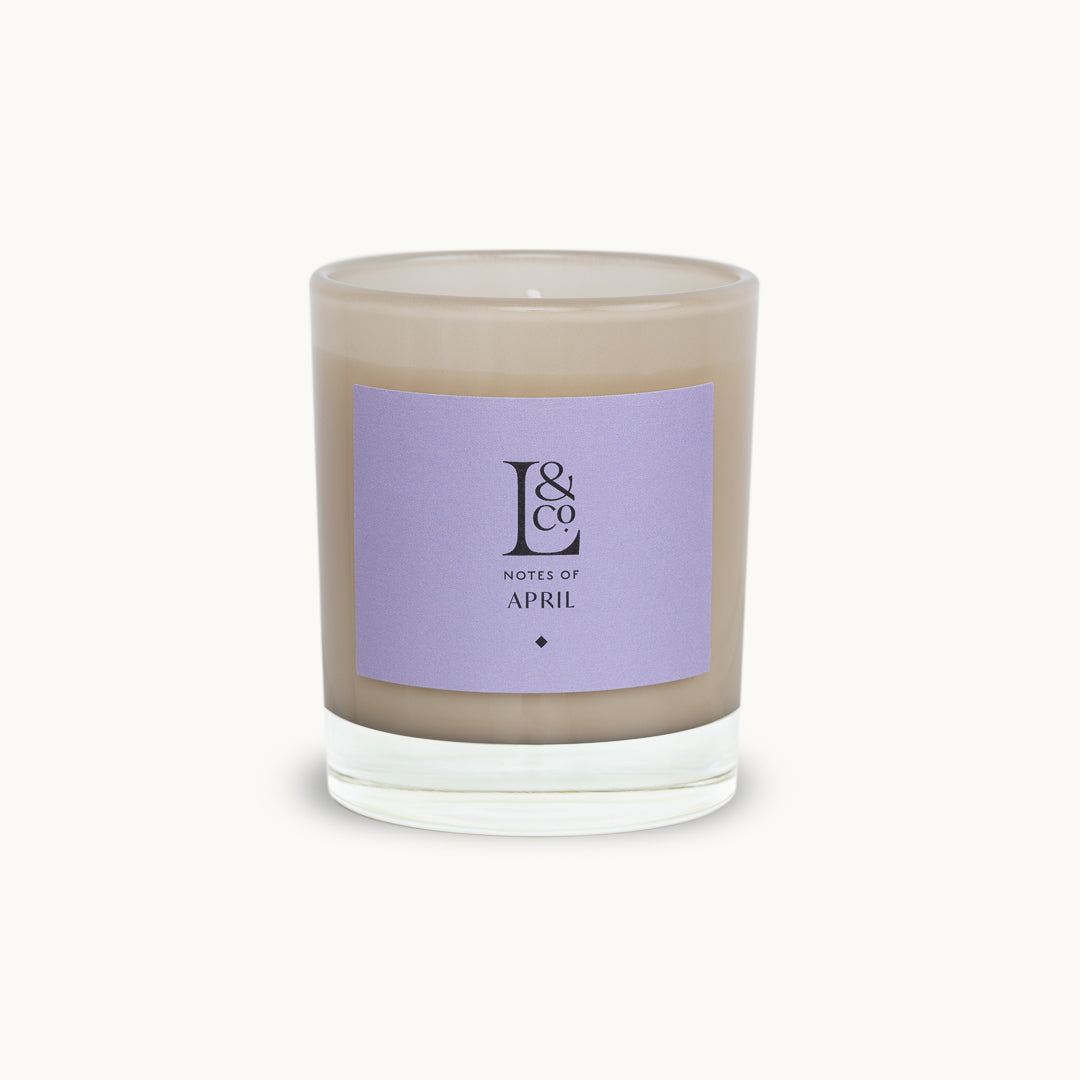 Loriest Notes of April scented candle fragrances your home with the scent of bluebells and blossom. Sustainably made in the UK. Plant-based vegan wax and lead free cotton wick. Up to 60 hours glow time.