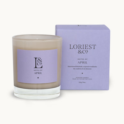Loriest Notes of April scented candle fragrances your home with the scent of bluebells and blossom. Hand-poured in England. Sustainable plant-based vegan wax and lead free cotton wick. Up to 60 hours glow time.
