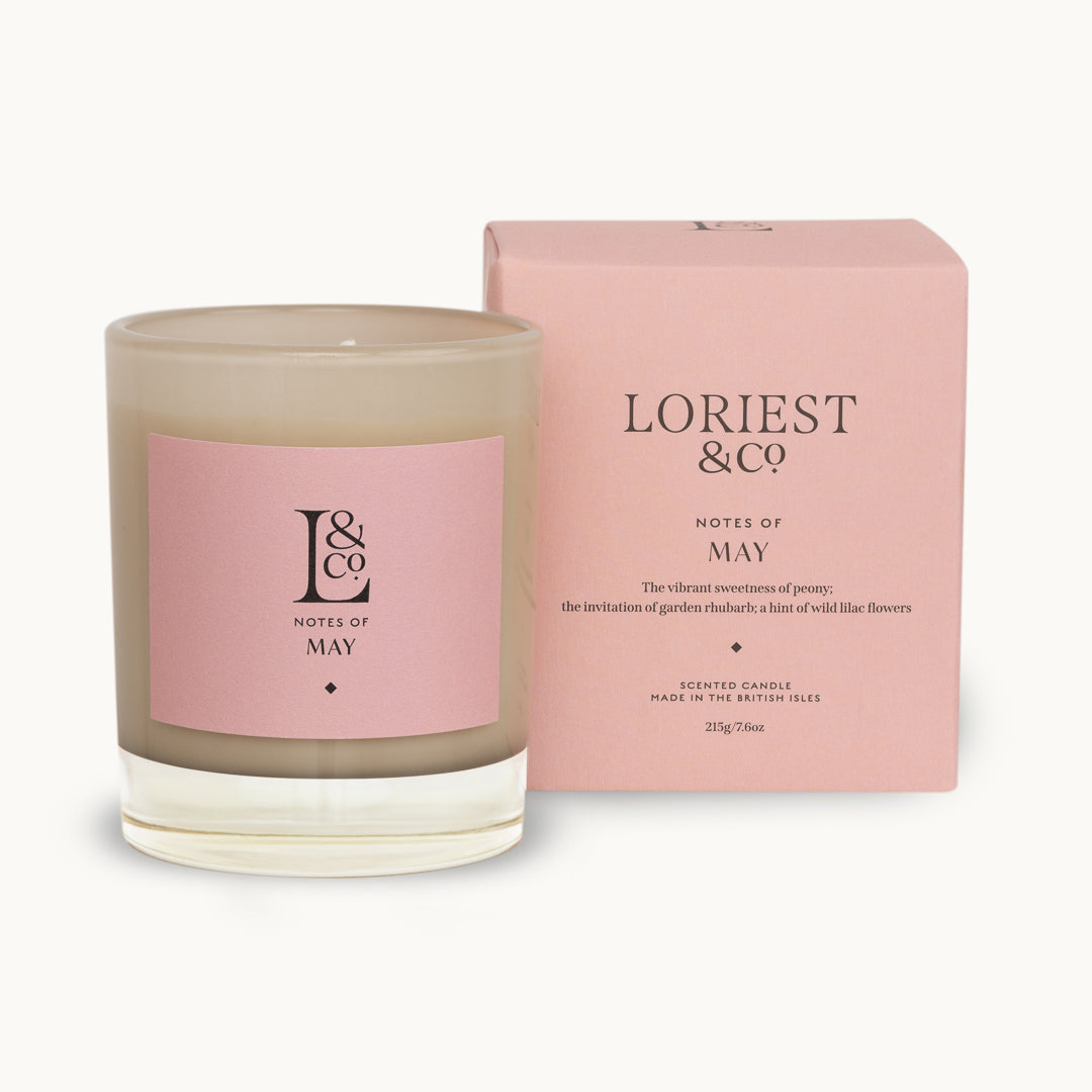 Loriest luxury scented candle Notes of May brings the scent of an early summer garden into your home. Notes of peony, lilac and rhubarb are combined with a sustainable plant based wax. Up to 60 hours burn time. Hand-poured in England.