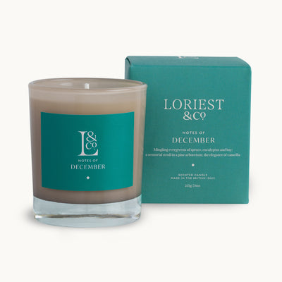 Loriest Notes of December winter candle. Inspired by the evergreens of December with notes of spruce and fir, as well as bay and eucalyptus. 215g of plant-based wax. Hand-poured in England. 