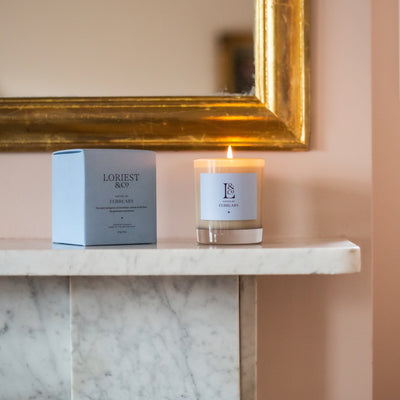 Perfect Valentine's Day gift, Loriest luxury candle Notes of February is a delightful light floral scent of primrose, fern and snowdrops. 215g of sustainable clean burning plant-based wax with around 60 hours of burn time. Made in Britain.
